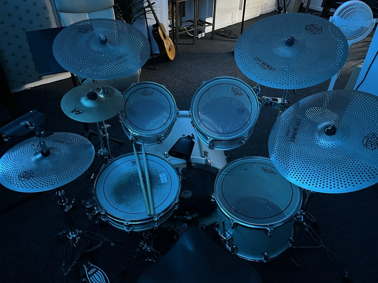 Studio acoustic drum kit with hi-hat, splash, two crash cymbals and ride