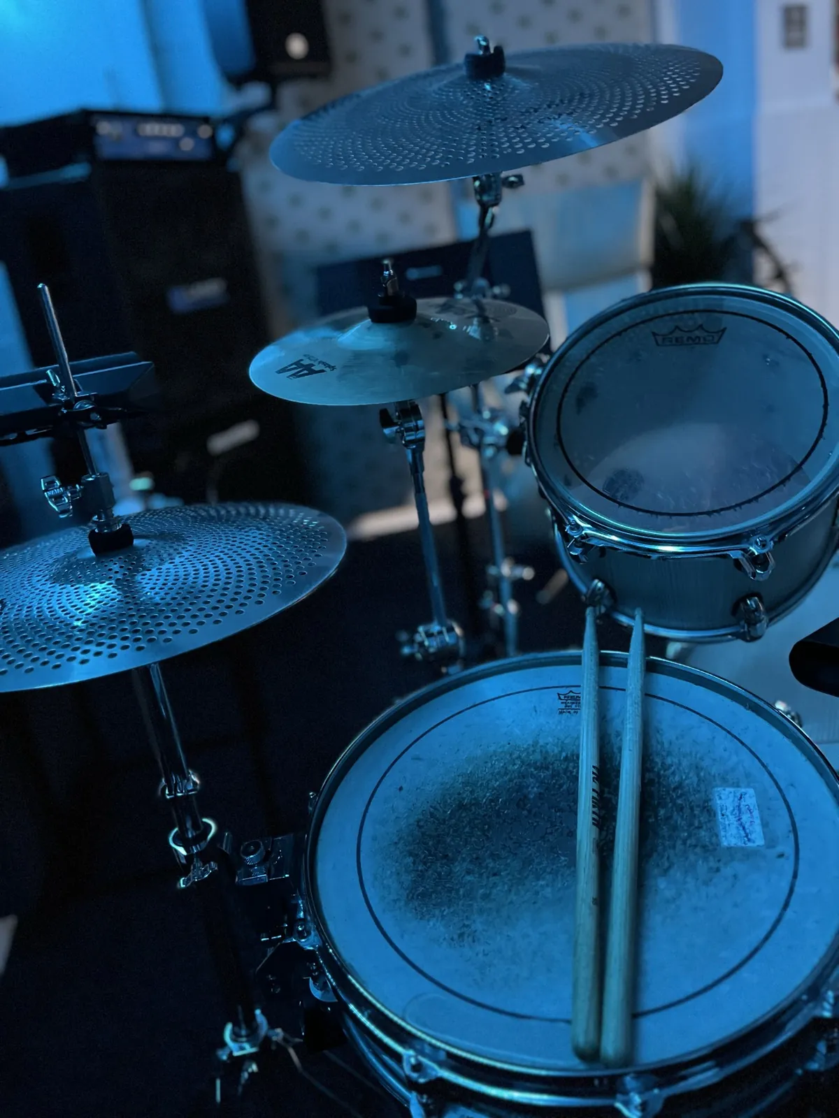 Hi-hat, splash and first crash on the left of the kit.