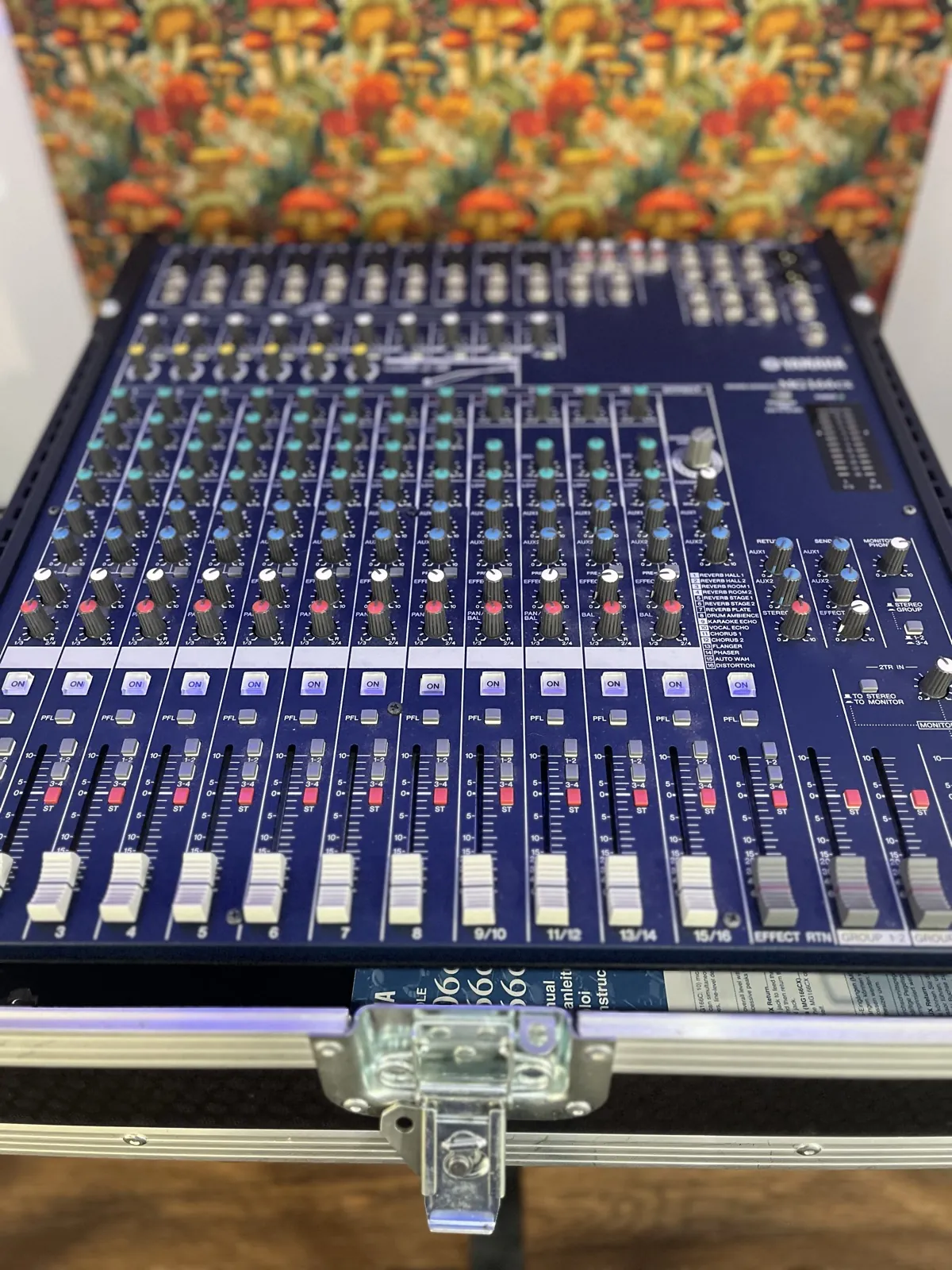 Channel faders and controls on the Yamaha mixer.