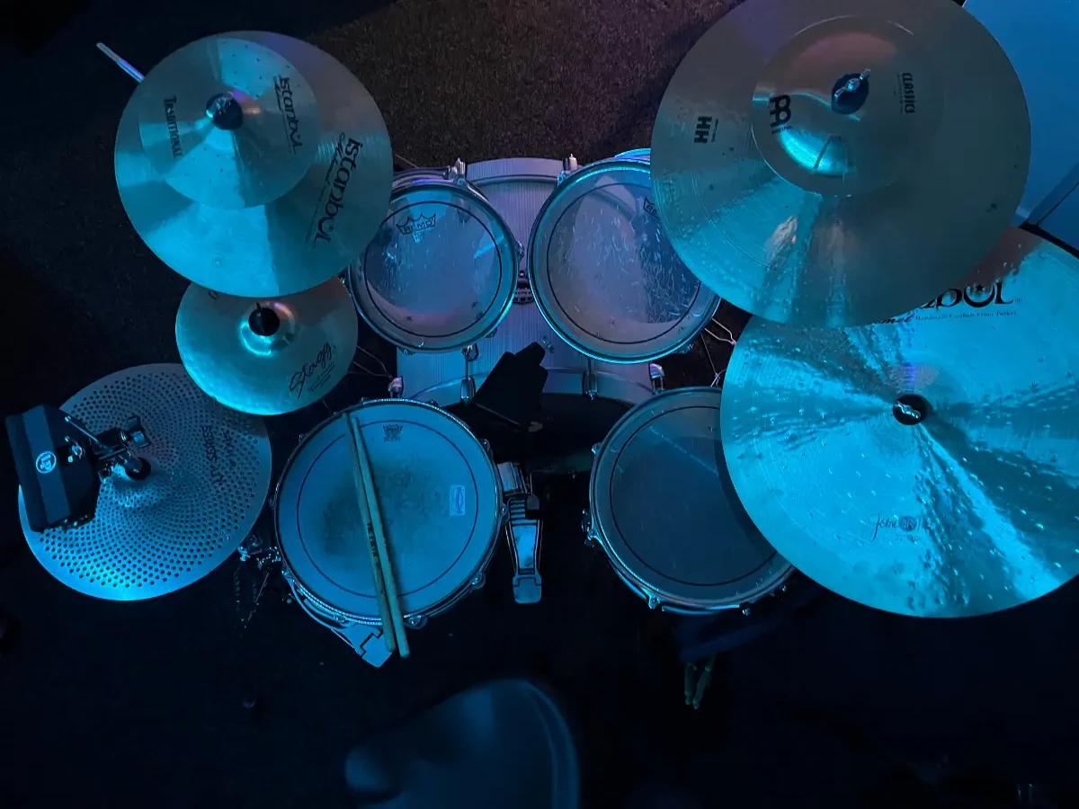 Top-down view of a drum kit setup at Unit 8 Studios