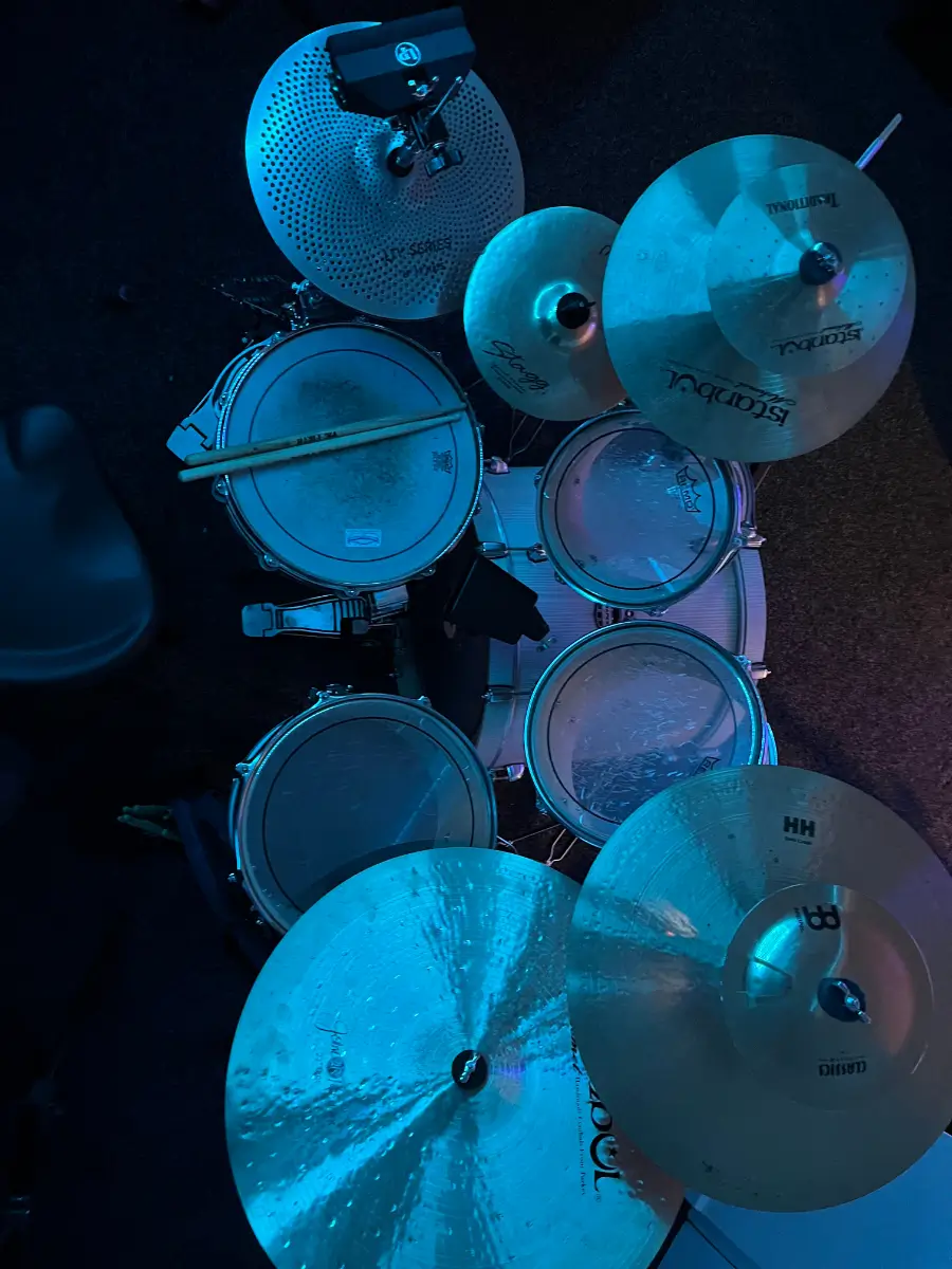 Top view of a custom drum kit setup in Unit 8 Studios