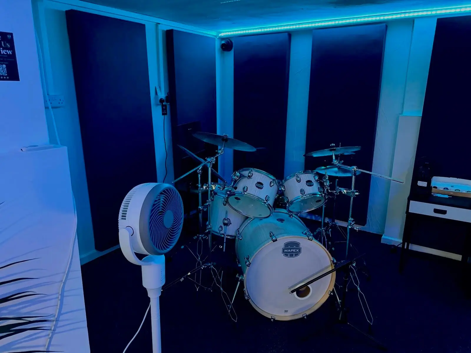 Drum kit and fan in the Unit 8 Studios rehearsal room